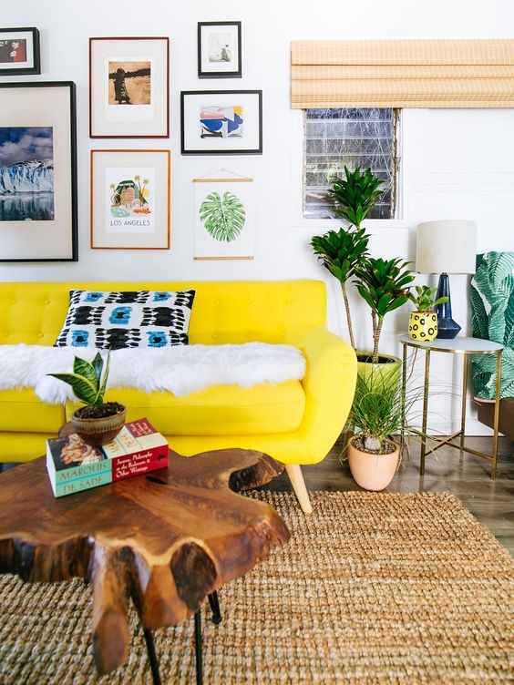 Eclectic Sofa in Neon Hue with Tufted Backrest and Tapered Wooden Legs