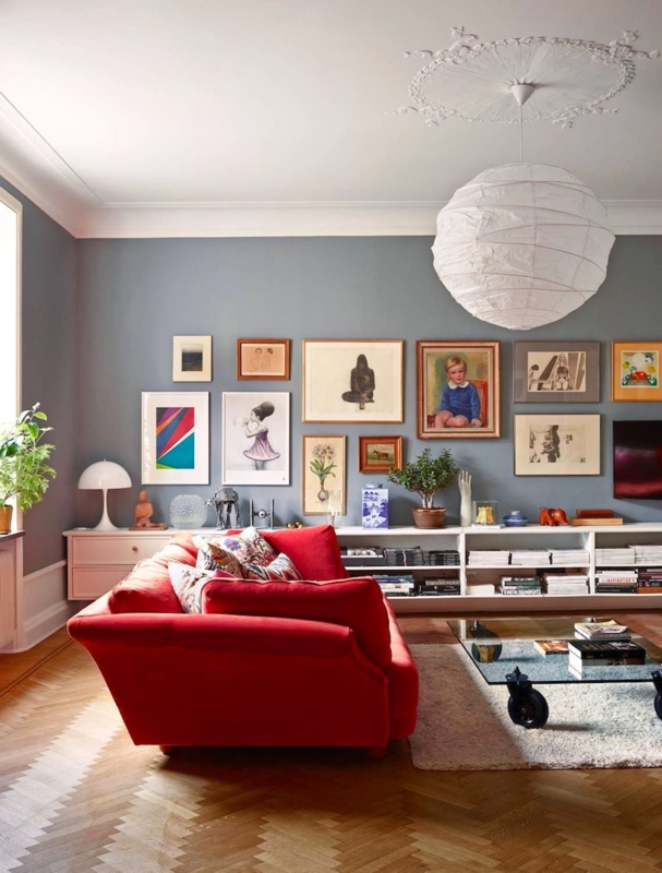 Eclectic Sofa, Low Profile Fabric, Living Room Setting