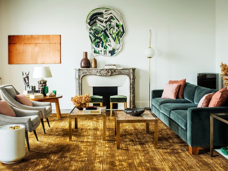 Eclectic Velvet Sofa Styling with Ornate Marble Mantel