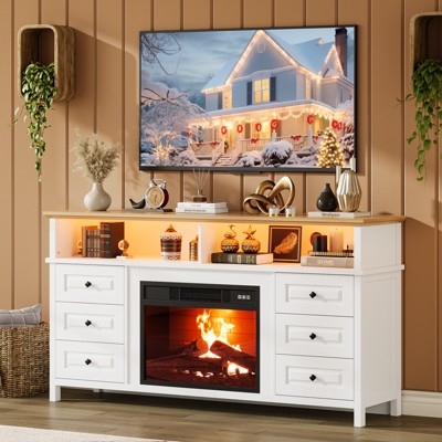 Electric Fireplace Credenza: White Finish with Six Drawers and Wood Top