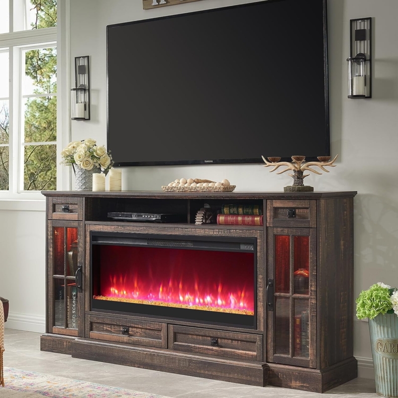 Electric Fireplace TV Stand Distressed Oak LED Accents Rustic