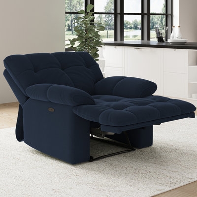 Electric Recliner with Navy Blue Biscuit Tufting and Extra Wide Profile
