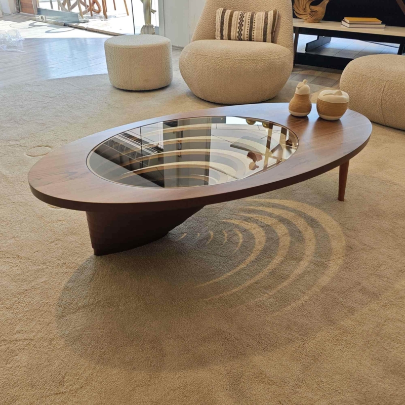 Elliptical Coffee Table Tiered Interior Glass Insert Walnut Wood