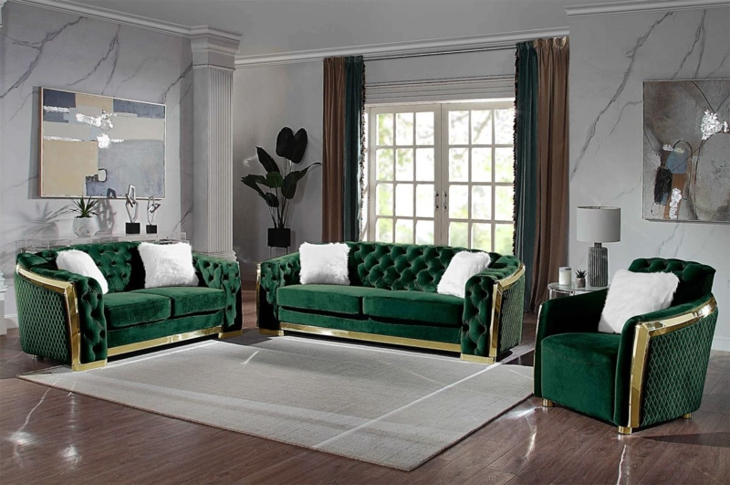 Emerald Green Living Room Set Tufted Velvet Gold Accent Furniture