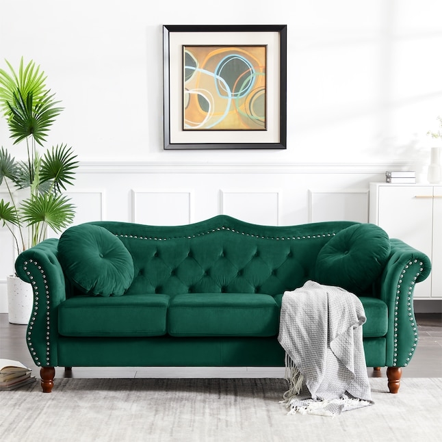 Emerald Green Sofa with Scalloped Tufted Back and Silver Nailhead Trim
