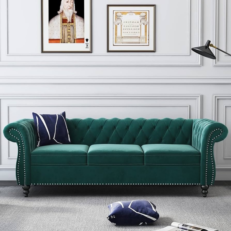Emerald Green Velvet Chesterfield Sofa with Nailhead Trim