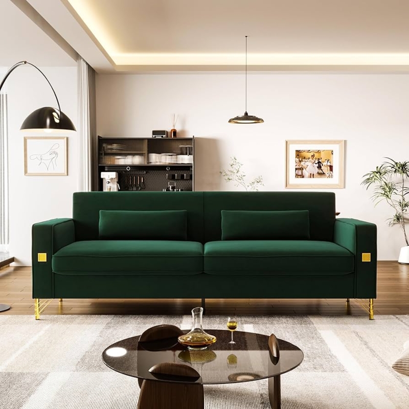 Emerald Green Velvet Sofa with Gold Metal Legs
