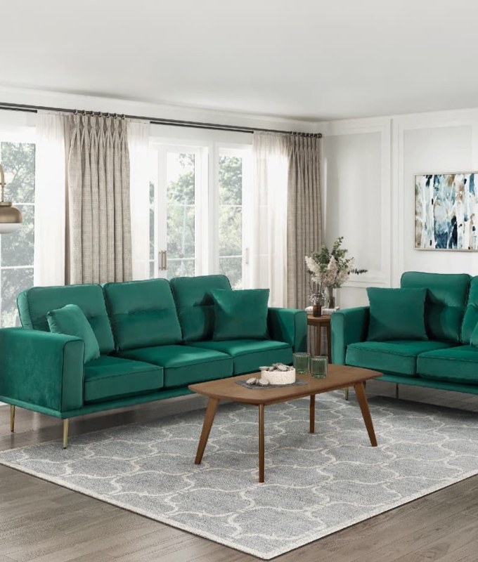 Emerald Velvet Living Room Set with Gold Tapered Legs