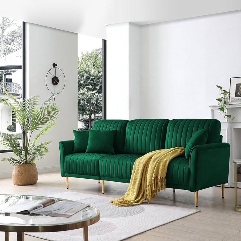 Emerald Velvet Sofa with Polished Gold Tapered Legs