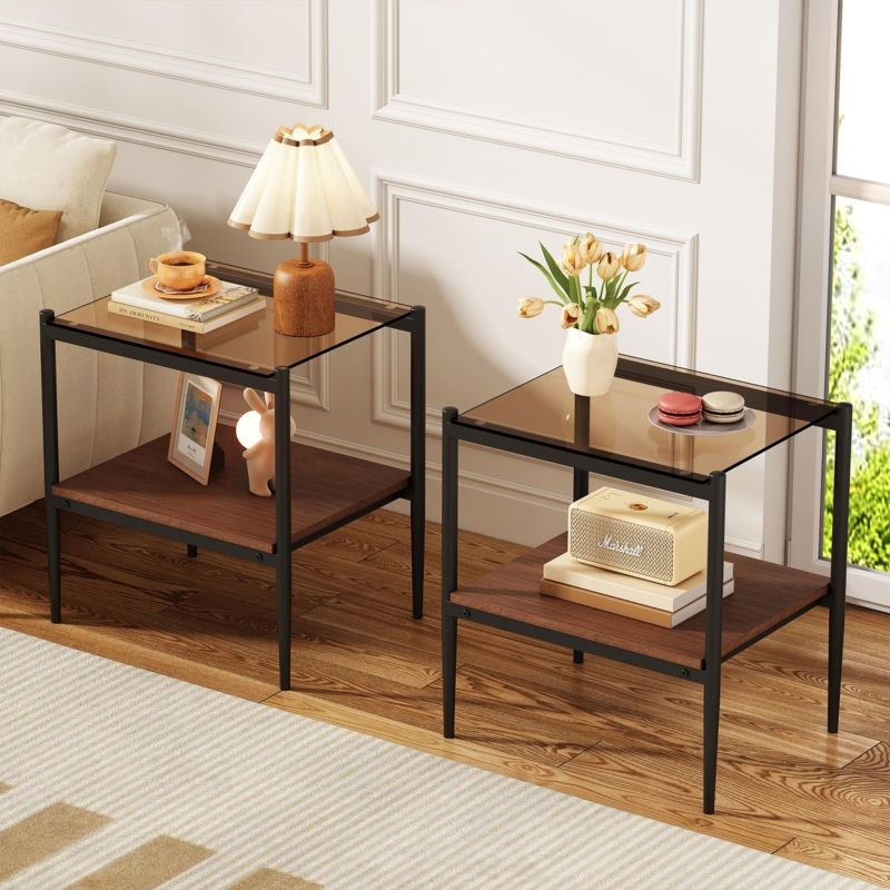 End Table Amber Glass Top Black Metal Wood Shelf Two Tier Modern