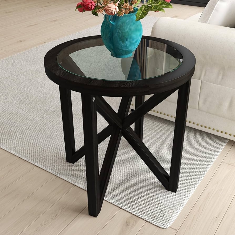 End Table: Architectural Base Table with Dark Frame and Glass Insert