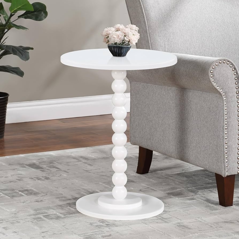 End Table Beaded Spindle Pedestal White Finish Round