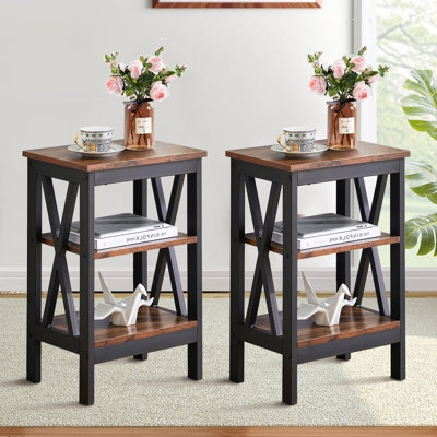 End Table Black X-Frame Three-Tier Wood Rustic Set