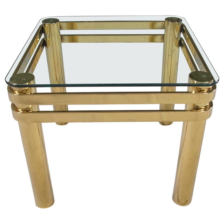 End Table Block Legs Polished Brass Square Inset Glass Modern