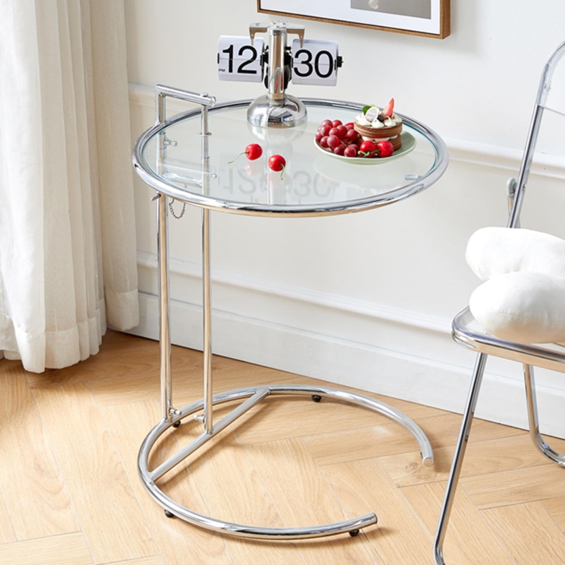 End Table: C-Shaped Adjustable Glass End Table, Polished Chrome Frame