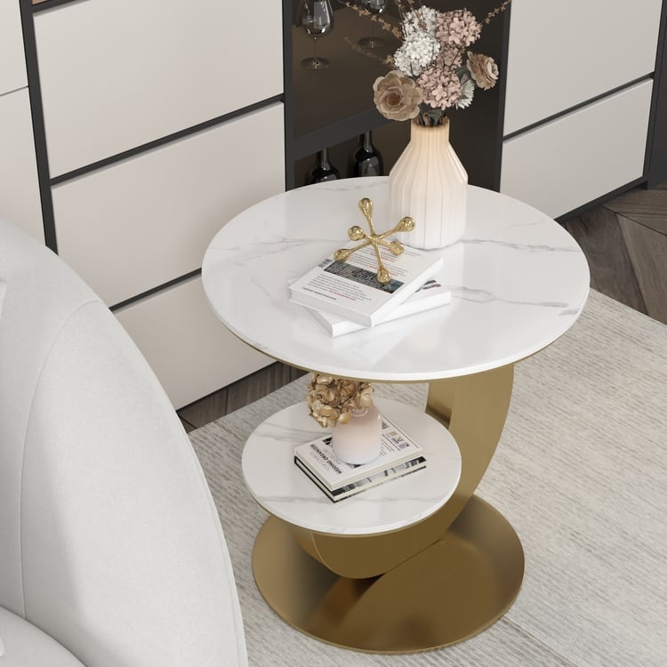 End Table C-Shaped Base Two Tier Round Marble Gold