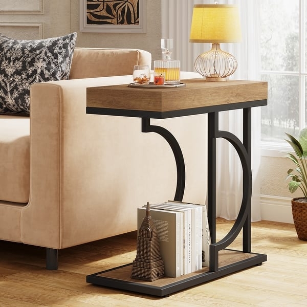 End Table C-Shaped Wood and Black Metal Frame with Arched Brace
