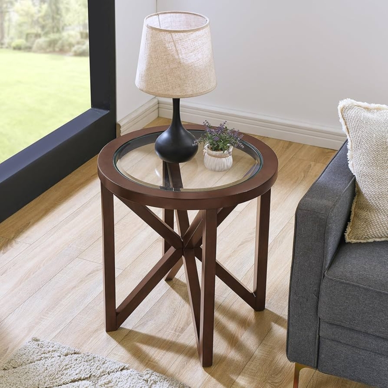 End Table: Cherry Wood X Base Side Table with Glass Inset Top