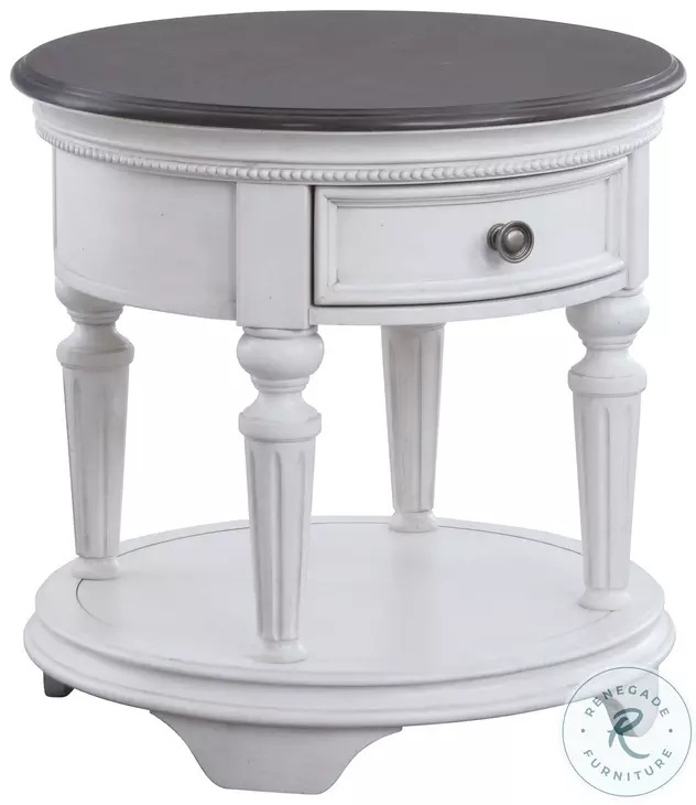 End Table Cottage Style Round Two Tone Finish Distressed White