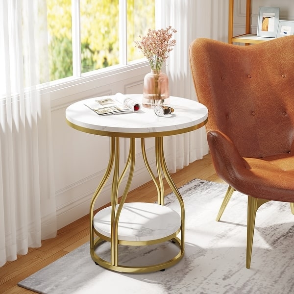 End Table Curved Gold Frame Two Tier Round Marble