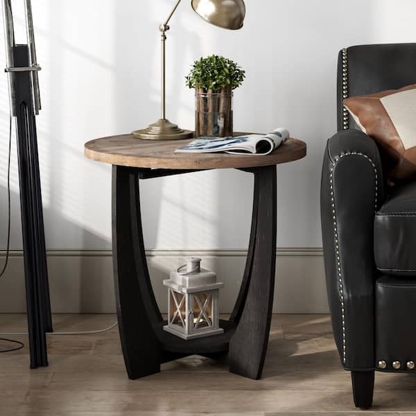 End Table Curved Legs Two-Tone Black Brown Wood Lower Shelf Rustic