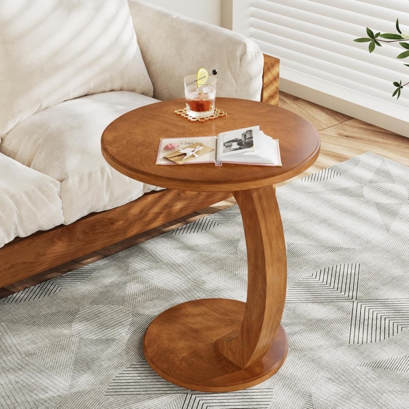 End Table, Curved Pedestal Base & Round Top, C-Shaped Wood End Table