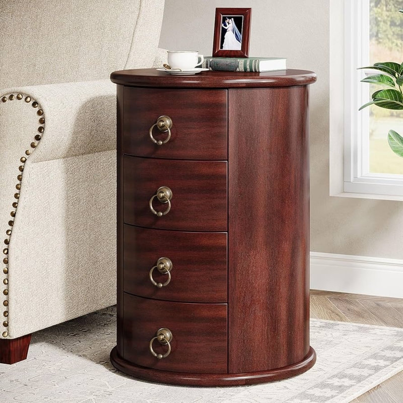 End Table, Cylindrical Shape, Four Drawers, Ring Pulls, Cherry Finish