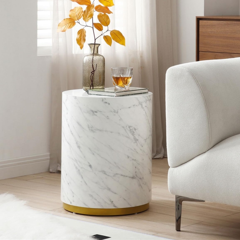 End Table Drum Shape White Marble Gold Base Modern Glam