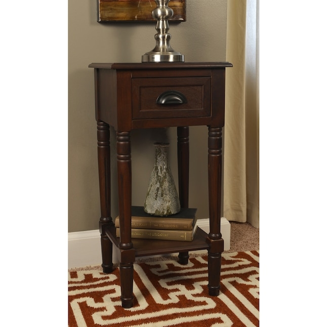 End Table Espresso Wood Bin Pull Turned Legs Drawer