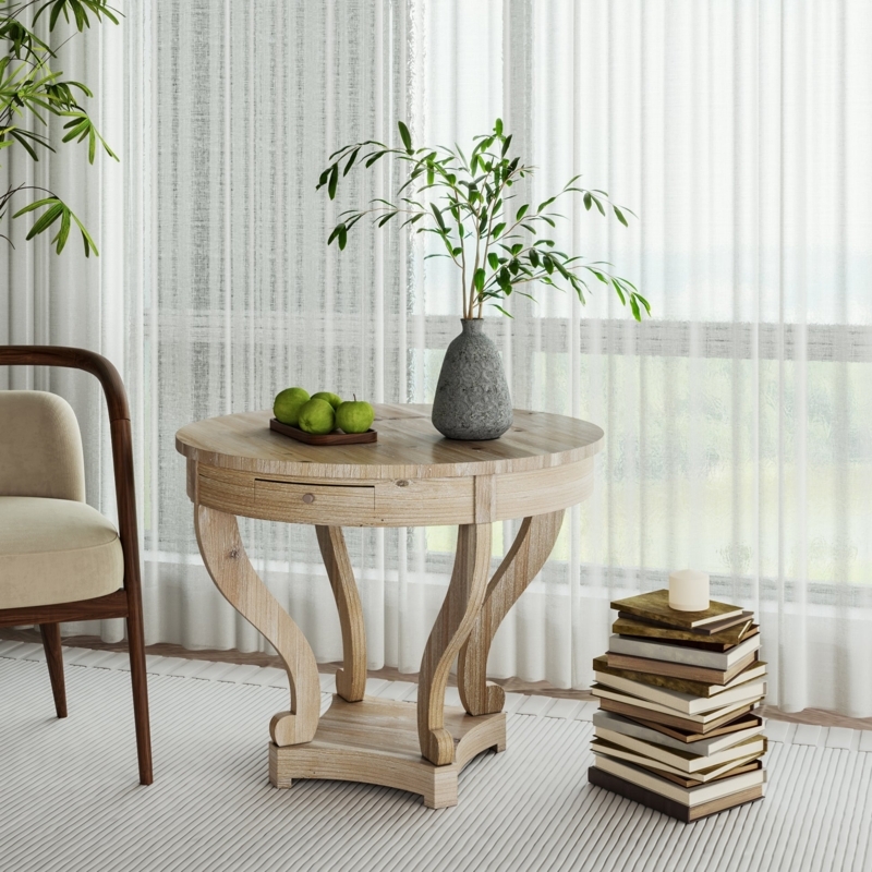 End Table Farmhouse Round Light Wood Toned Finish With Integrated Drawer