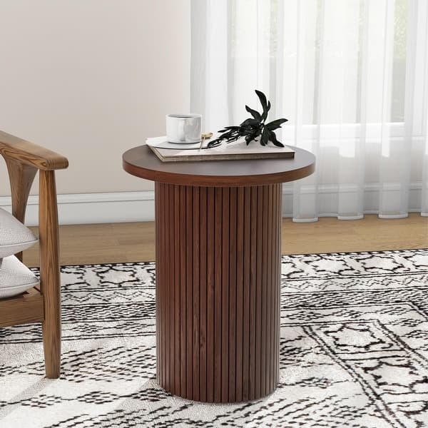 End Table Fluted Pedestal Ribbed Surface Warm Wood Toned