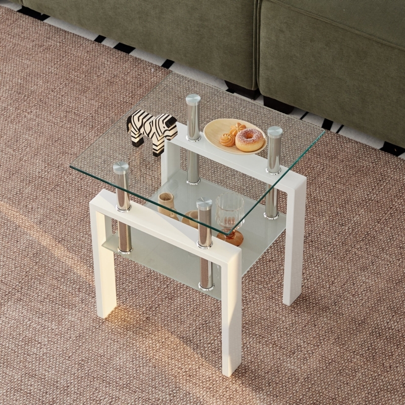 End Table Frosted Glass Shelf White Frame Chrome 2-Tier Side Table