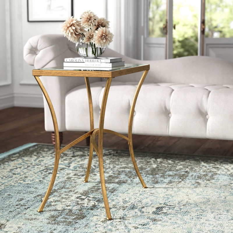 End Table Gold Finish with Curved Legs and Glass Top