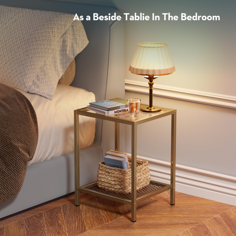 End Table Gold Metal Frame Two Tier Square Gold And Glass End Table