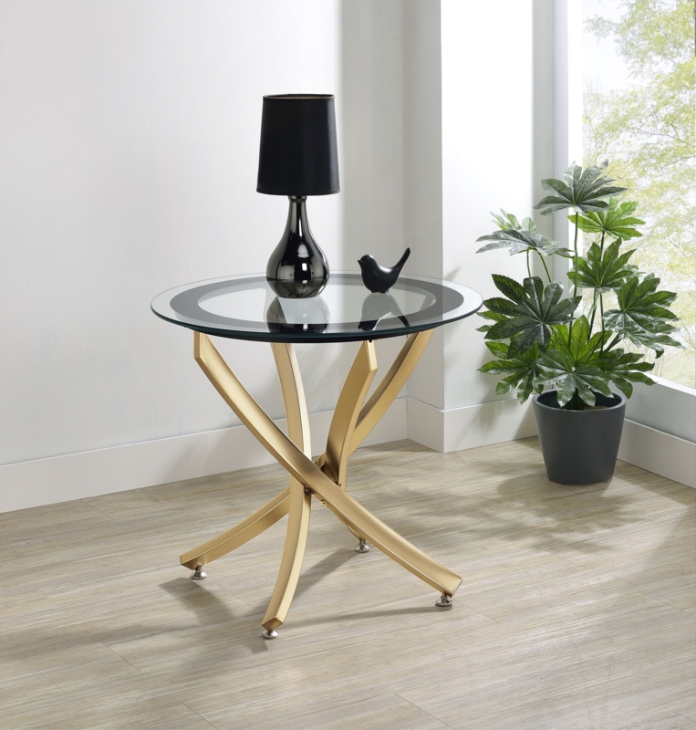 End Table Interlocking Base Brass Finish Round Black Border Glass