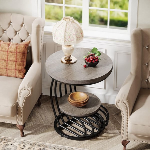 End Table Modern Farmhouse Gray Round Wood Toned Top Curved Metal Base