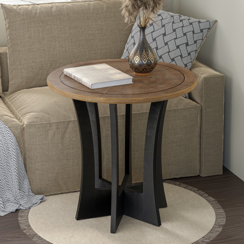 End Table Modern Farmhouse Round Wood Toned Top Black Criss Cross Legs