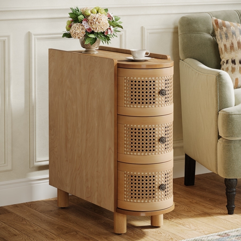 End Table, Organic Modern Semi-Circle Woven Cane Drawers