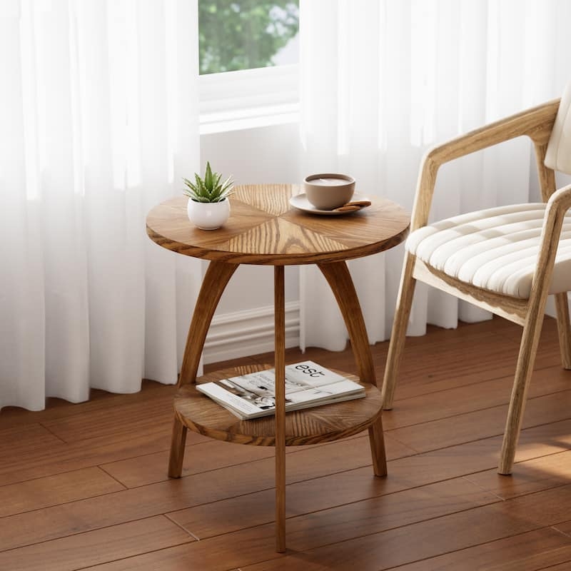 End Table Radial Grain Top with Curved Legs Warm Wood Finish