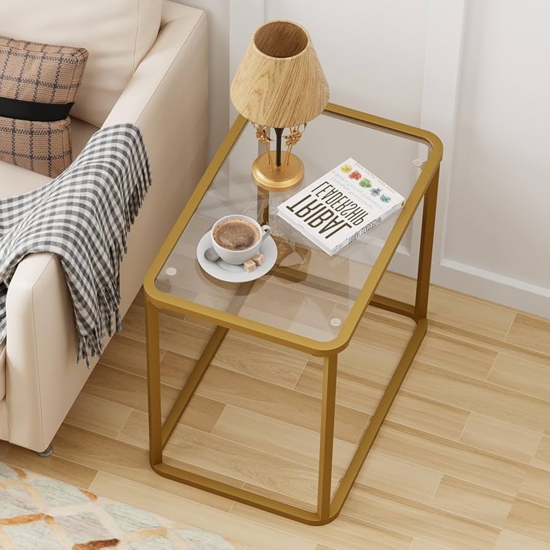 End Table Rectangular Top, Gold Metal Frame with Glass Inset Top
