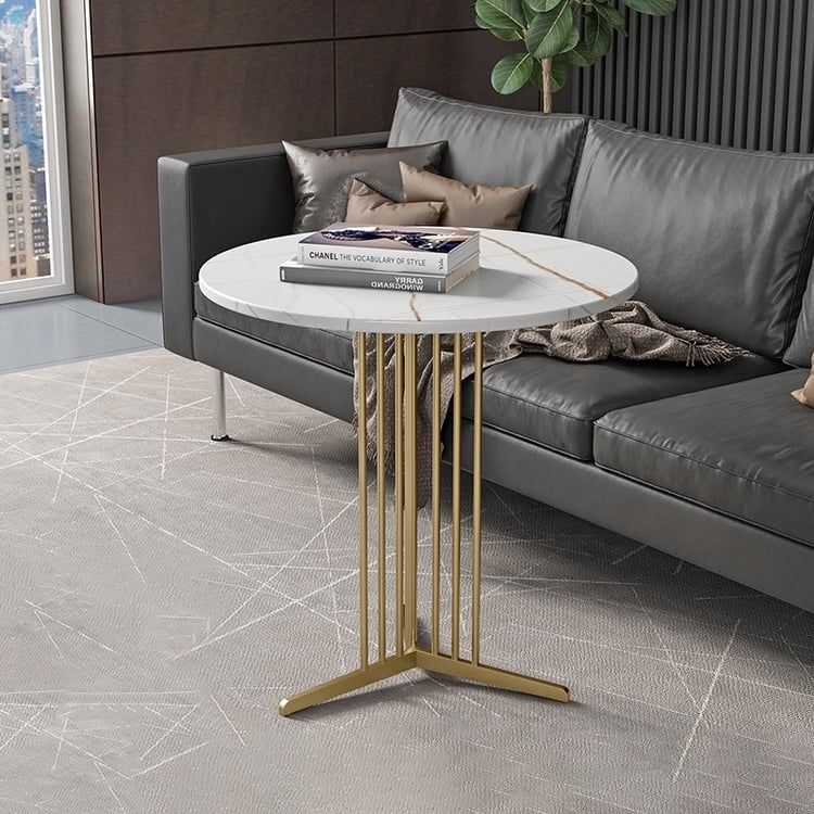 End Table Ribbed Gold Pedestal White Marbled Stone Top Glam Accent