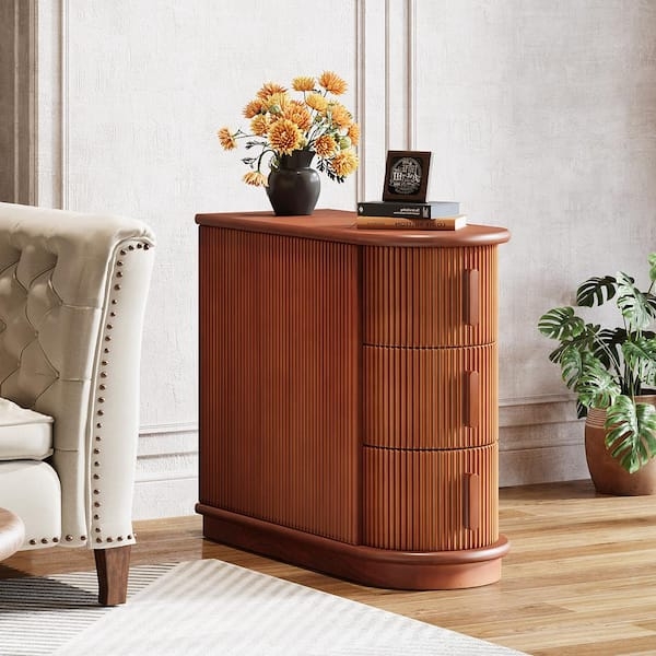 End Table, Ribbed Walnut Curved U-Shape With Three Drawers