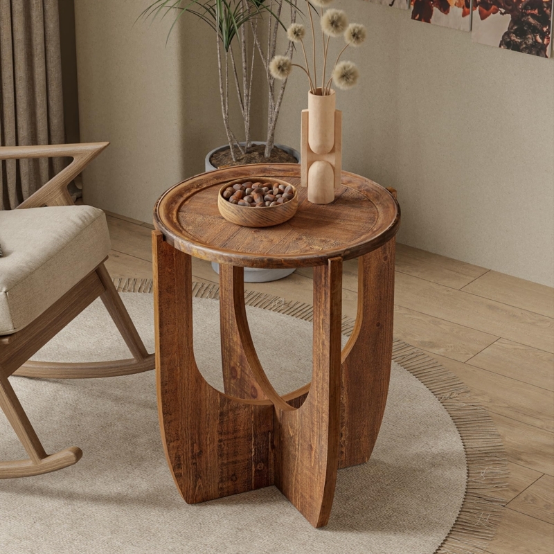 End Table Rimmed Round Top Curved Interlocking Base Distressed Wood