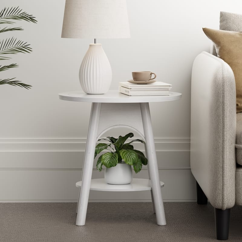 End Table Round Arched Apron Tapered Legs Shelf