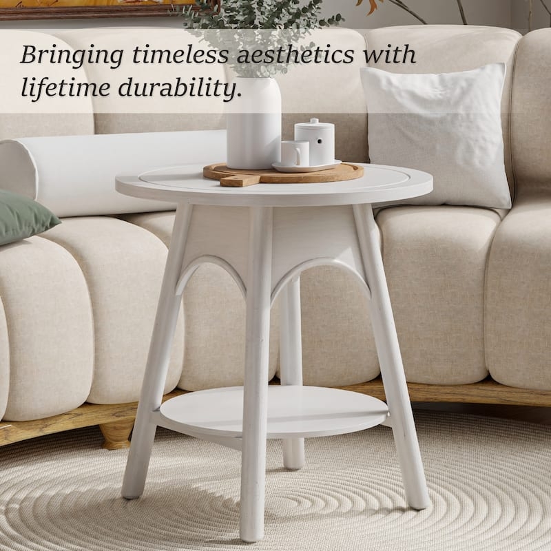 End Table Round Distressed Finish Arched Legs Lower Shelf