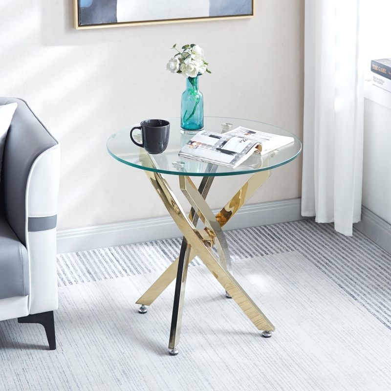 End Table Round Glass Top with Sculptural Gold Base
