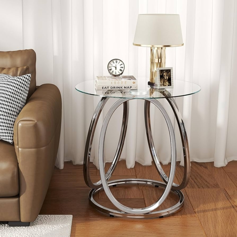 End Table Round Interlocking Chrome Circles Glass Top Glam