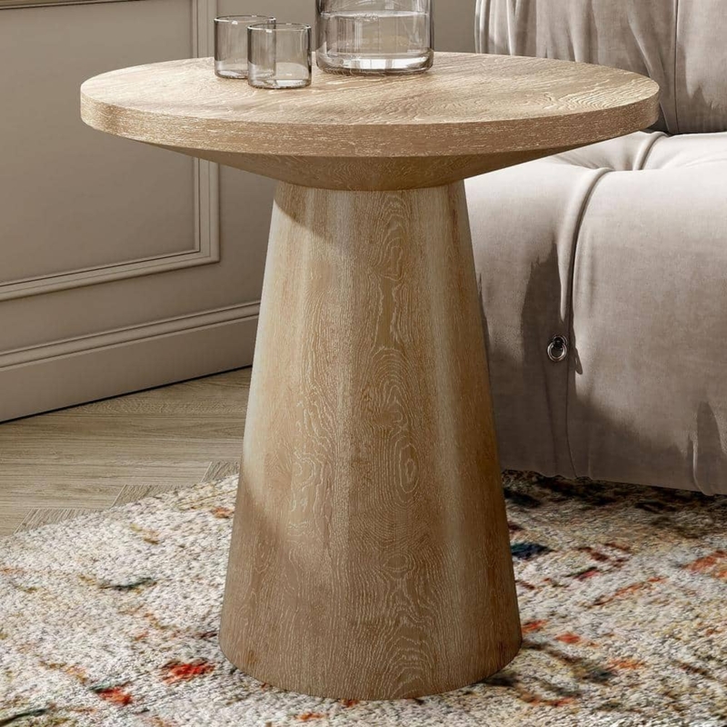 End Table, Round Light Oak Top, Sculptural Conical Pedestal Base