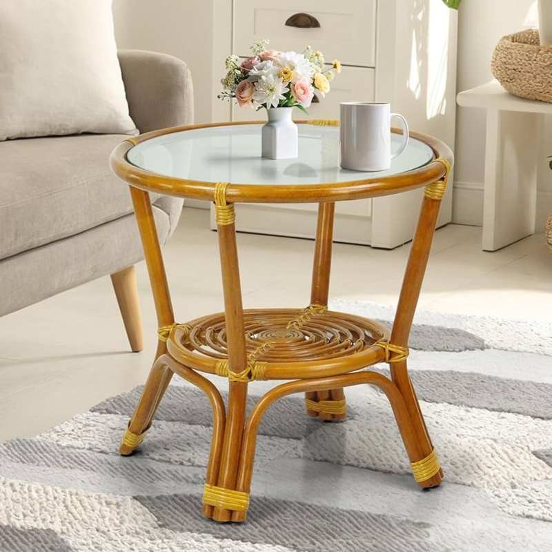 End Table Round Rattan Glass Insert Woven Lower Shelf Spiral Pattern