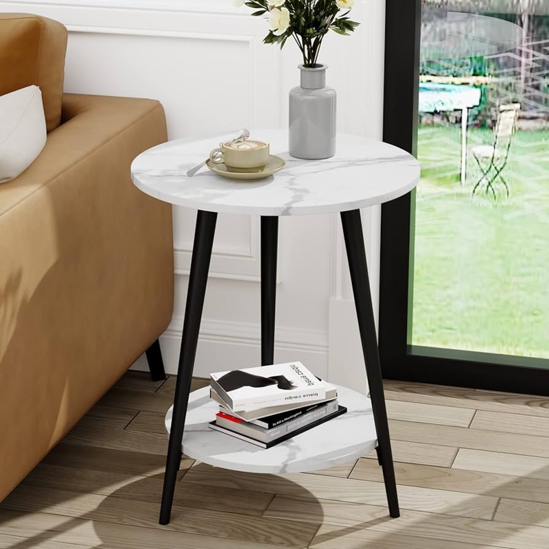 End Table Round Two Tier Black Tapered Legs Marble Top